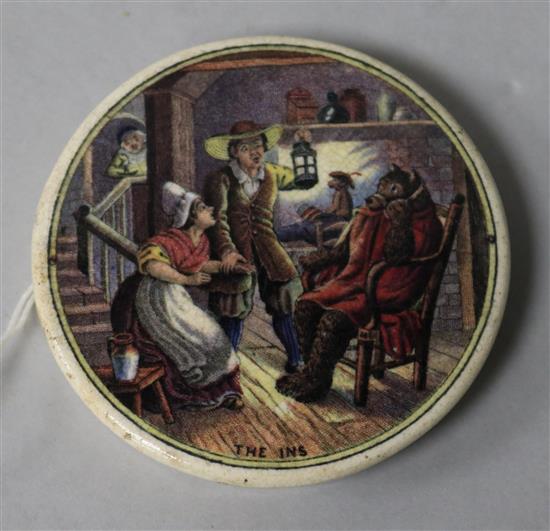 A colour printed pot lid The Ins, diam. 7.5cm